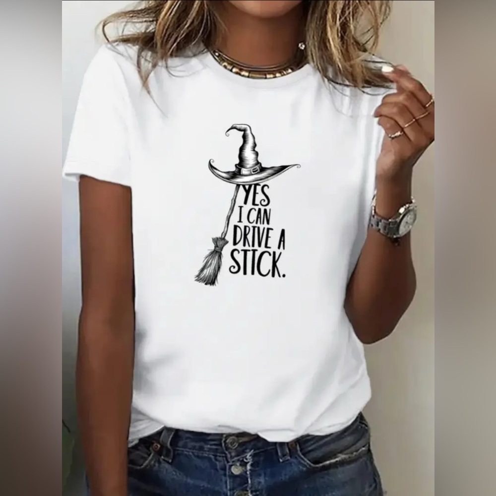 Graphic Witch Hat Design Tee Shirt White Cotton Women’s Size Large Halloween